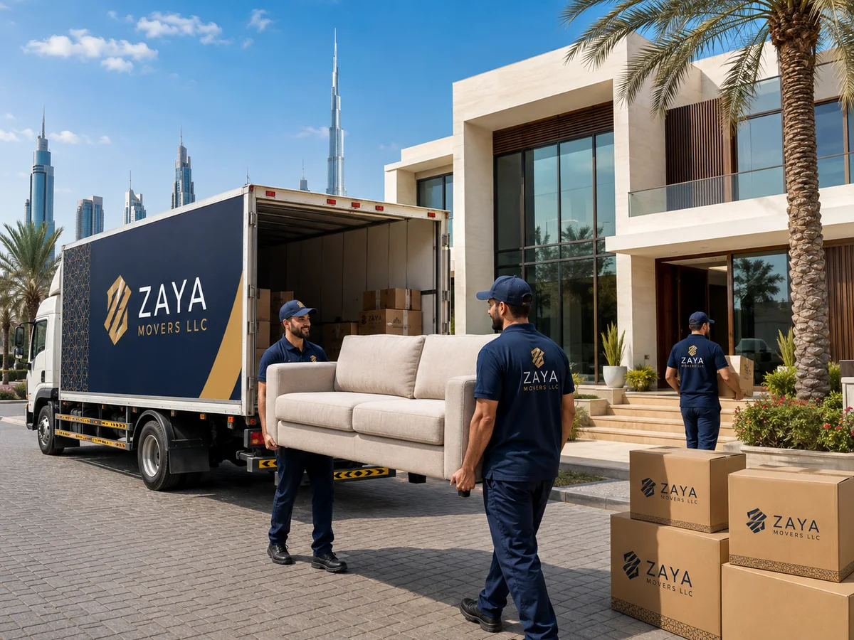 Zaya Movers villa shifting team moving a sofa at a Dubai villa